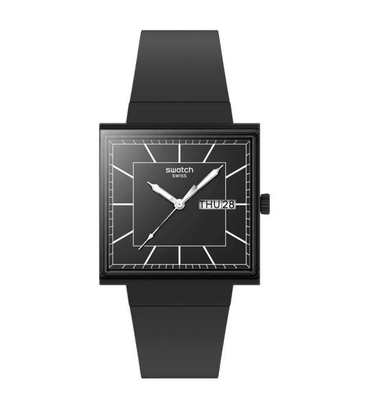 Swatch What If Square SO34B701 Herren Armbanduhr Schwarz • Biokeram​ik-Gehäuse • Leuchtzeiger