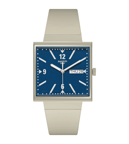 Swatch What If - Square SO34T700 Armbanduhr Beige • Bioceramic-Gehäuse • Quadratisches Design
