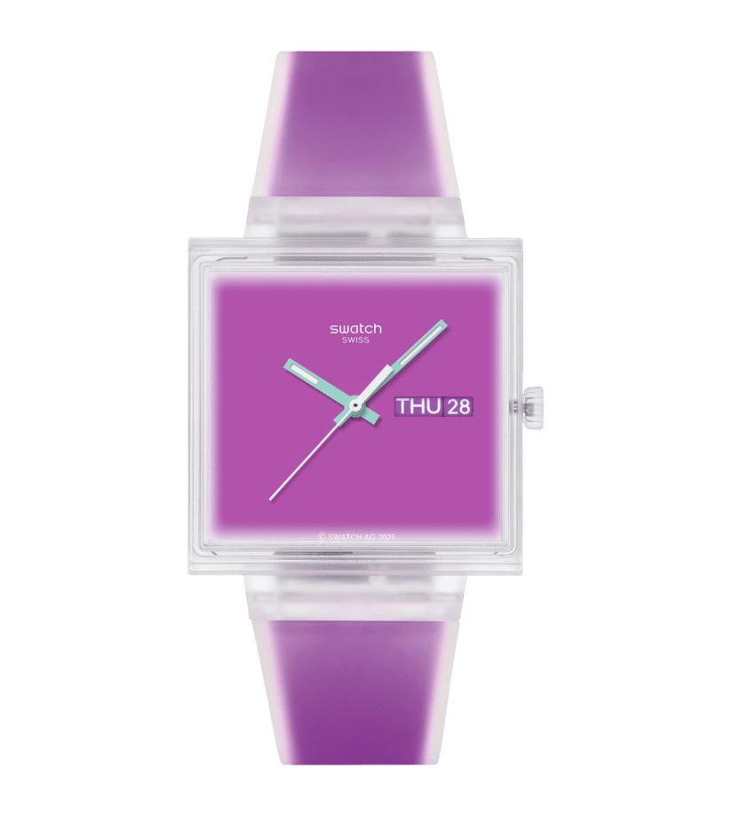 Swatch What If Square SO38K705 Damen Armbanduhr Magenta • Transparentes Gehäuse • Biosourciertes Material