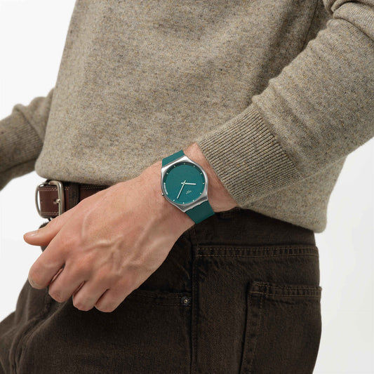 Swatch New Skin Irony SS07S155 Pondering Patterns Armbanduhr Dunkelgrün • Leuchtzifferblatt • Gebürstetes Edelstahlgehäuse