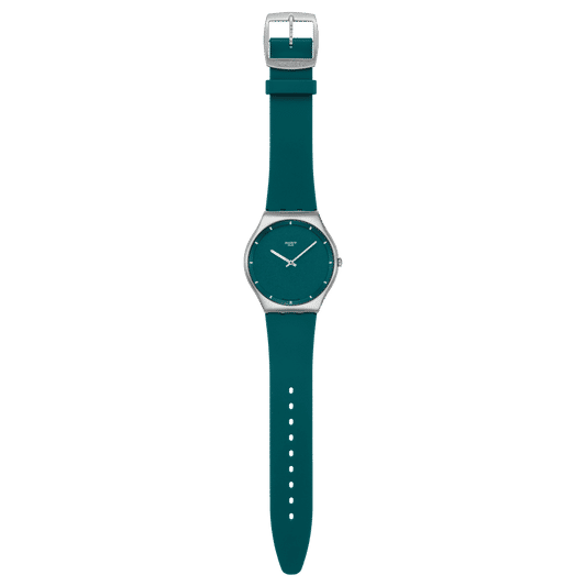 Swatch New Skin Irony SS07S155 Pondering Patterns Armbanduhr Dunkelgrün • Leuchtzifferblatt • Gebürstetes Edelstahlgehäuse