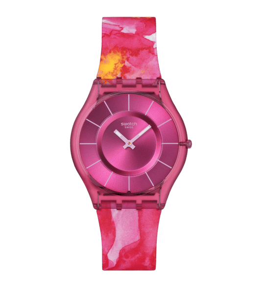 Swatch Skin SS08P113 Paradise Petals Damenuhr Rosa • Leuchtzeigerzeiger & Indizes • Ultra-dünn & Ultra-leicht