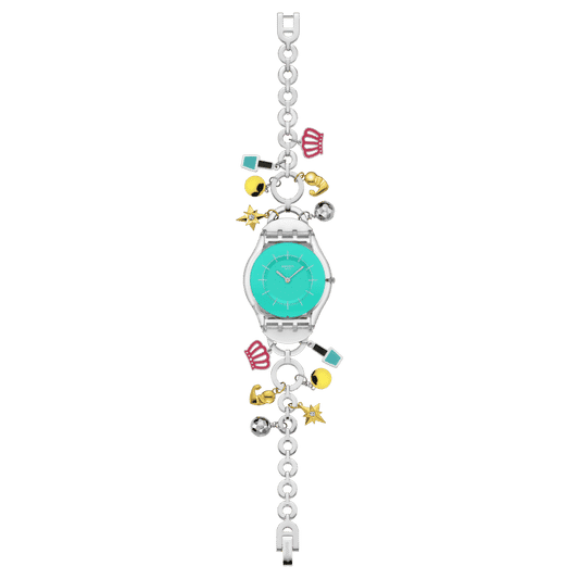 Swatch Skin SS08Z106G Mother like no other Damen Armbanduhr Türkis • Transparentes Biosourced-Gehäuse • Edelstahlarmband mit