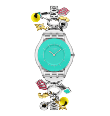 Swatch Skin SS08Z106G Mother like no other Damen Armbanduhr Türkis • Transparentes Biosourced-Gehäuse • Edelstahlarmband mit
