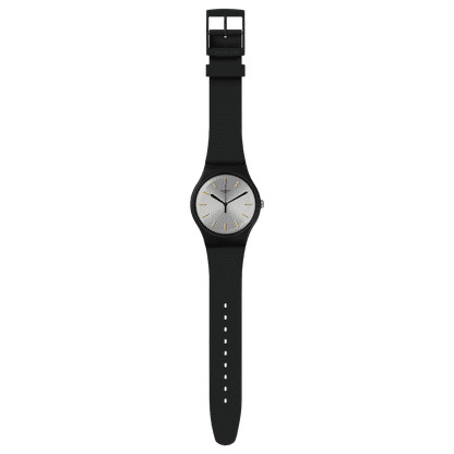 Swatch Originals Large SUOB173 Herrenuhr Schwarz • Silberfarbenes Sunbrush-Zifferblatt • Goldfarbene Swatch Applikationen