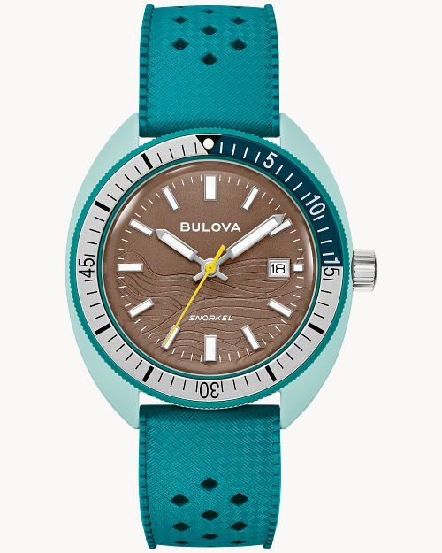 Herrenuhr mit braunem Zifferblatt, blauem Band und Datumsanzeige, Bulova.