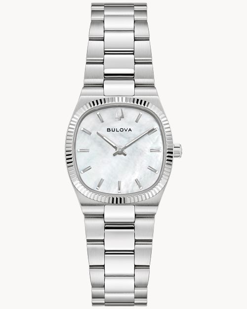 Bulova Damenarmbanduhr, silbernes Edelstahlband, helles Perlmutt-Zifferblatt, Zeiger