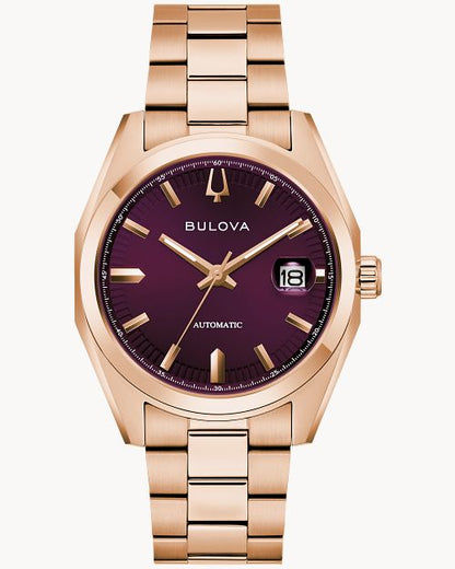 Bulova Herrenuhr mit roségoldfarbenem Edelstahlband, rundem Gehäuse, dunklem Zifferblatt, Datum 18