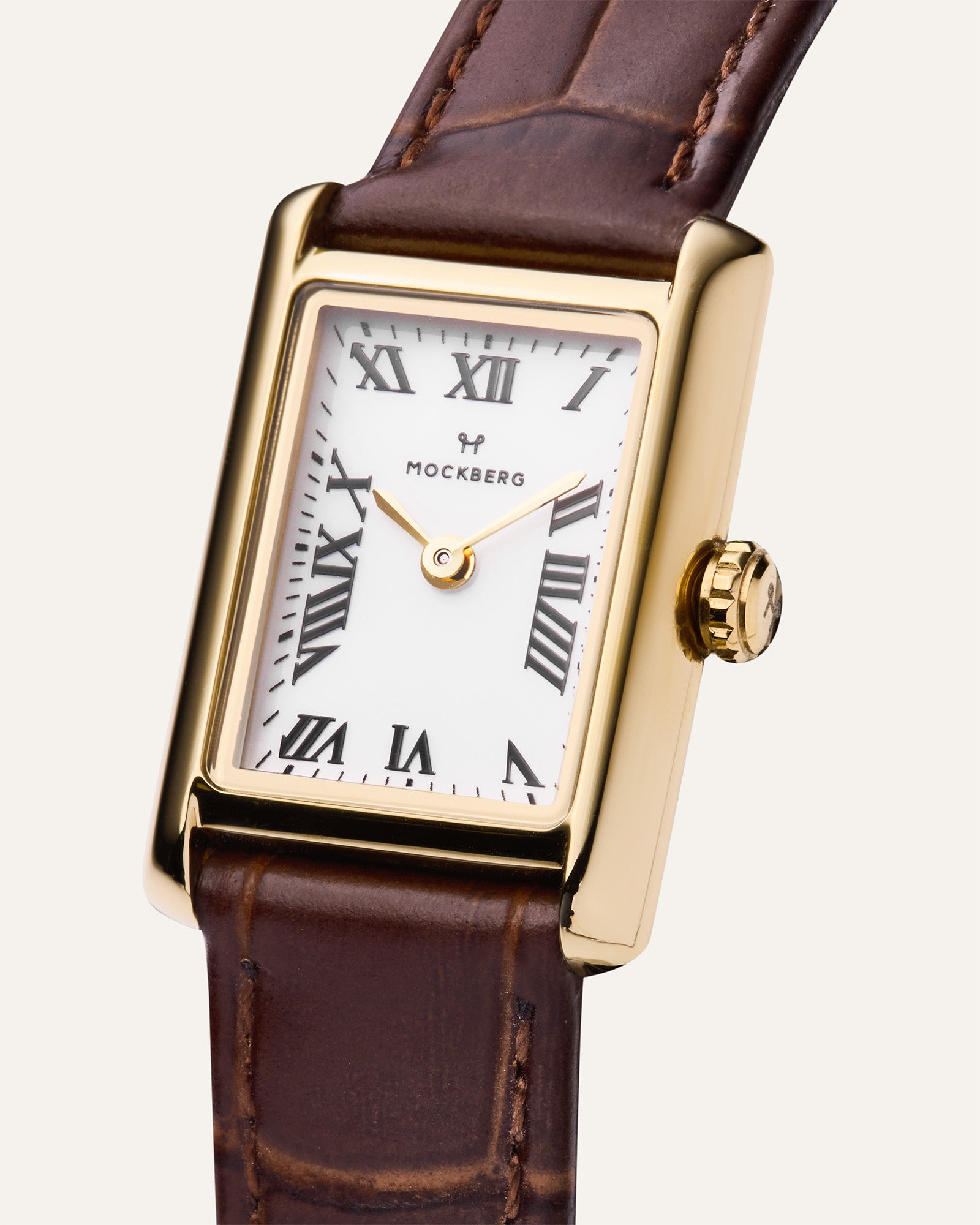 Quadratische Damenarmbanduhr mit braunem Lederband, römischen Ziffern und goldfarbener Lünette
