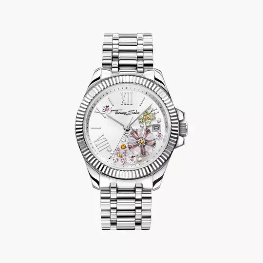 Thomas Sabo WA0381-201-201 Damen Armbanduhr Silber • Blumenmotiv mit Zirkonia-Steinen • Mineralglas mit Saphirbeschichtung