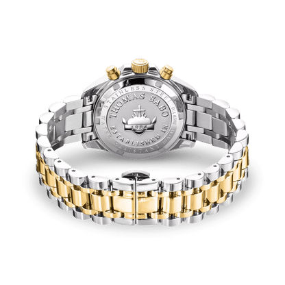 Thomas Sabo Divine Chrono WA0398-291-201 Damen Armbanduhr Schwarz-Gelbgold • Chronograph mit Zirkonia-Indizes • Mineralglas