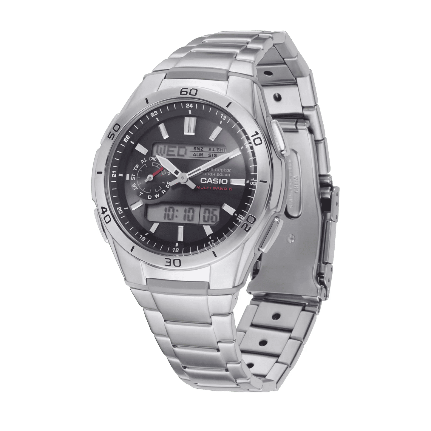 Casio herrarmbandsur med silverfärgat hölje och armband, krona på sidan, svart urtavla
