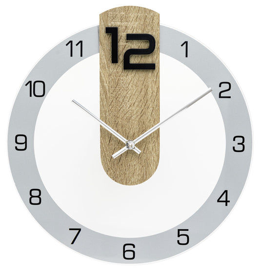Wanduhr mit rundem Zifferblatt, grauen Markierungen und naturfarbenem Holz-Element
