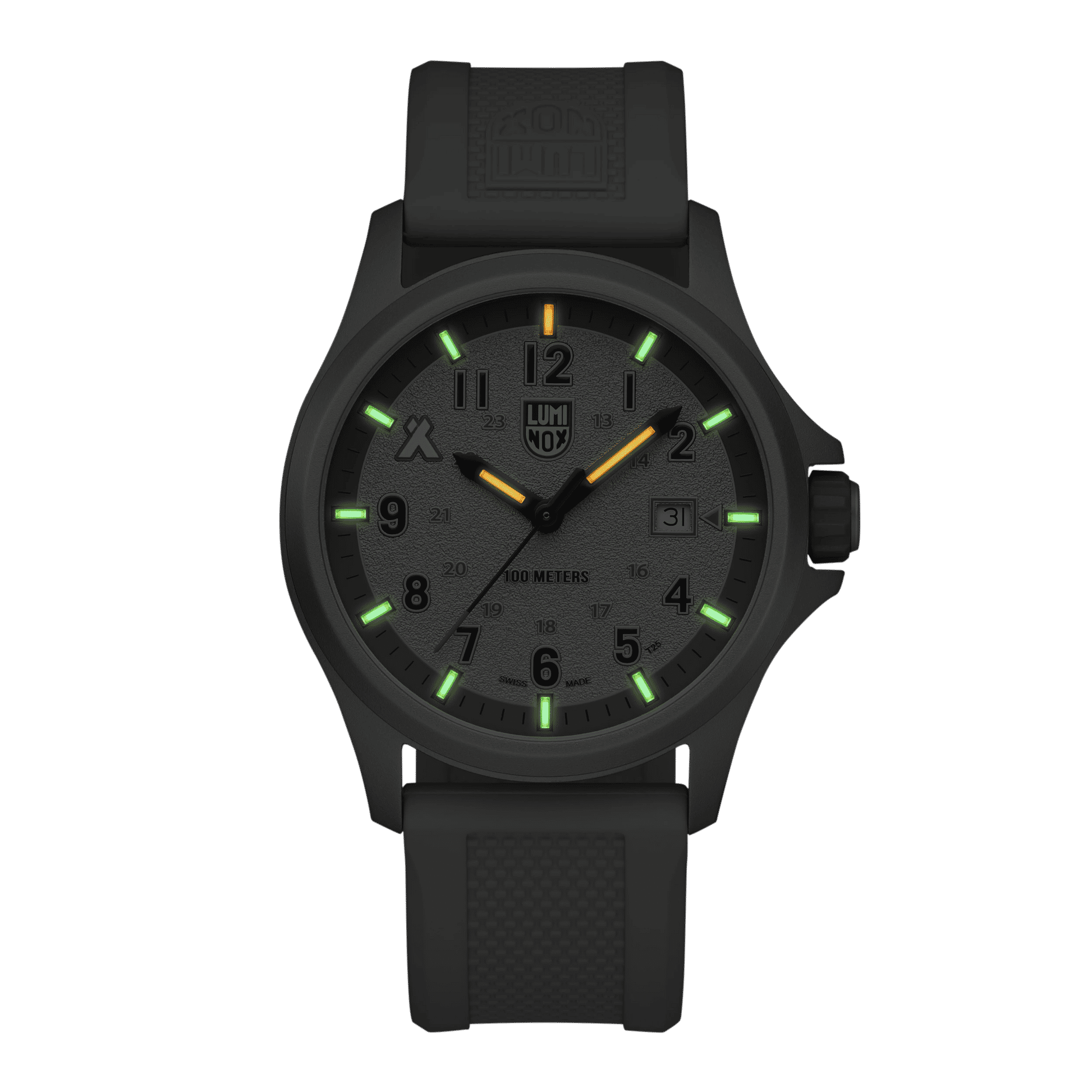 Reloj de hombre con caja negra, marcadores luminosos verde oscuro y correa de caucho negra