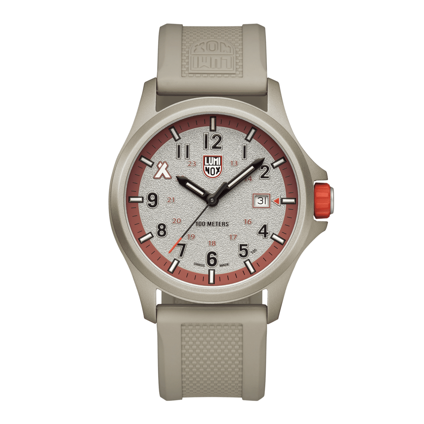 Reloj Luminox Bear Grylls para hombre con caja beige, esfera naranja y correa de caucho