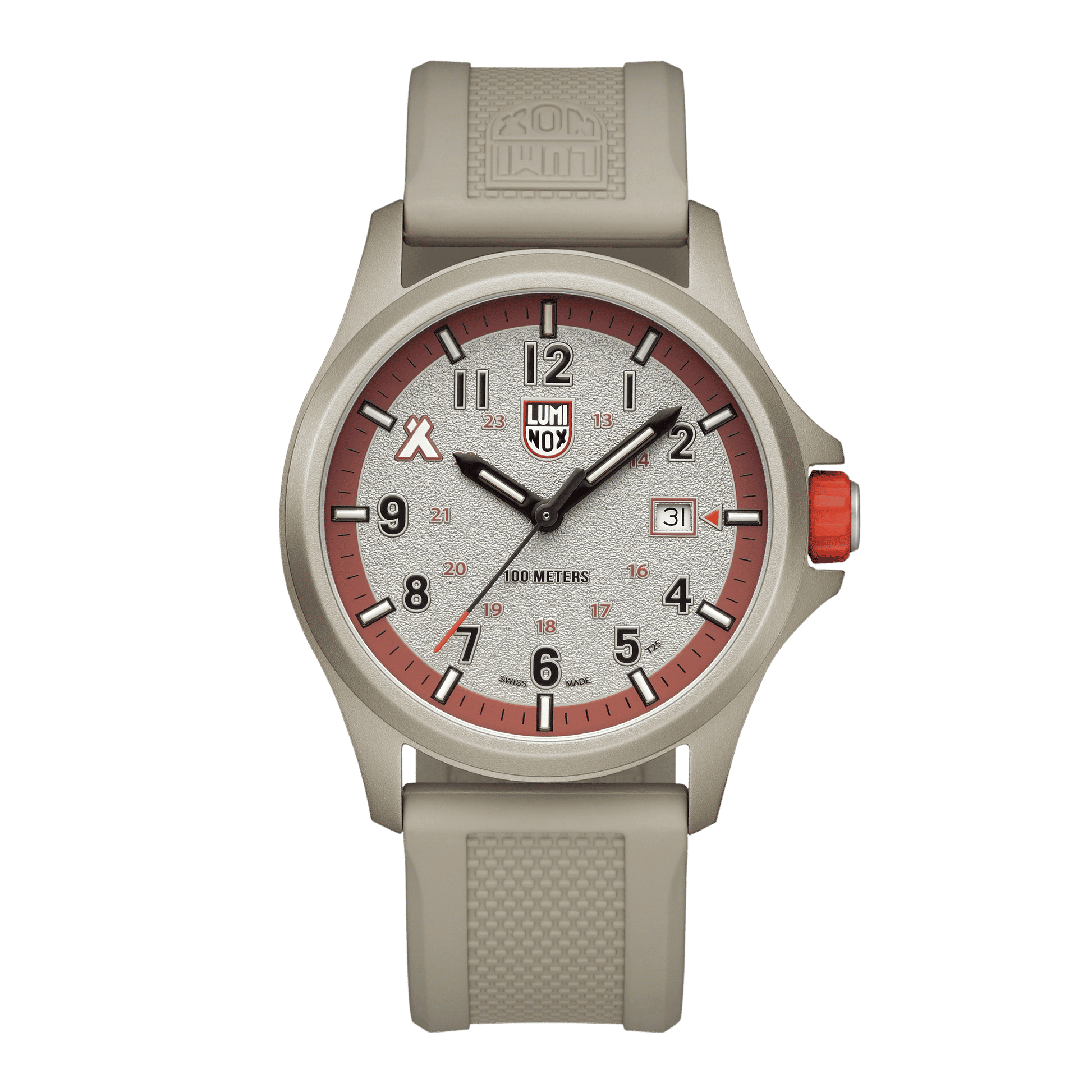 Reloj Luminox Bear Grylls para hombre con caja beige, esfera naranja y correa de caucho