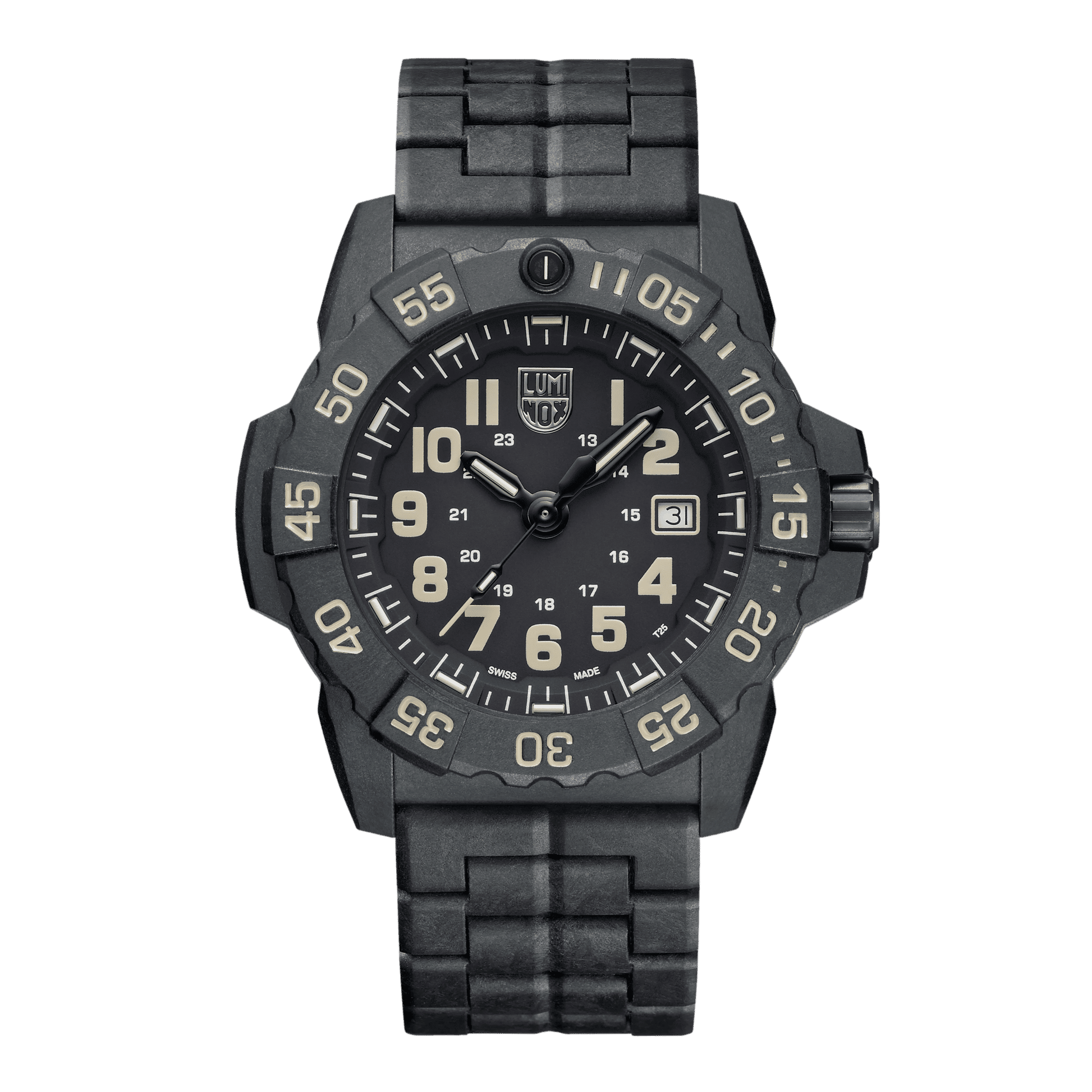 Pulsera de hombre, bisel negro con índices luminosos y ventana de fecha a las 3 en punto