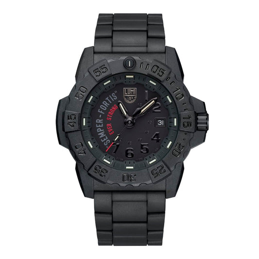Schwarze Luminox Armbanduhr mit schwarzem Zifferblatt, Stahlband und Leuchtindizes