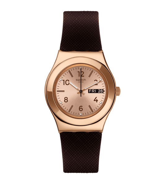 Swatch Irony Medium YLG701 Brownee Damen Armbanduhr • Roségold PVD-Gehäuse • Silikon-Armband