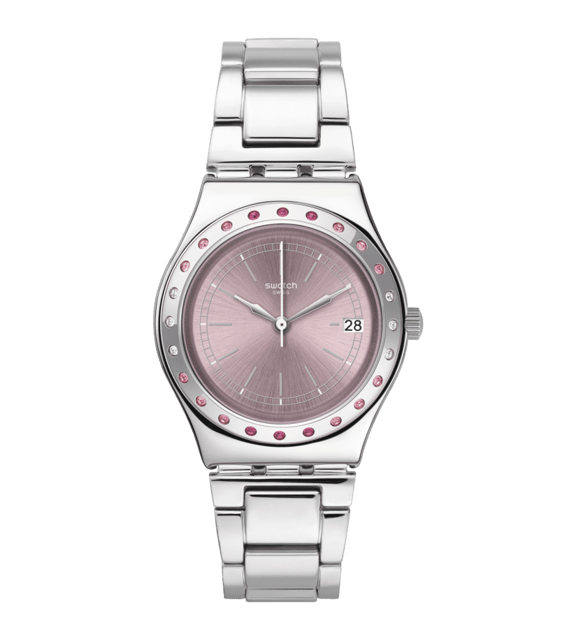 Swatch Irony Medium YLS455G Damen Armbanduhr Rosa • Edelstahlgehäuse mit Kristallbesatz • Datumsanzeige bei 3 Uhr