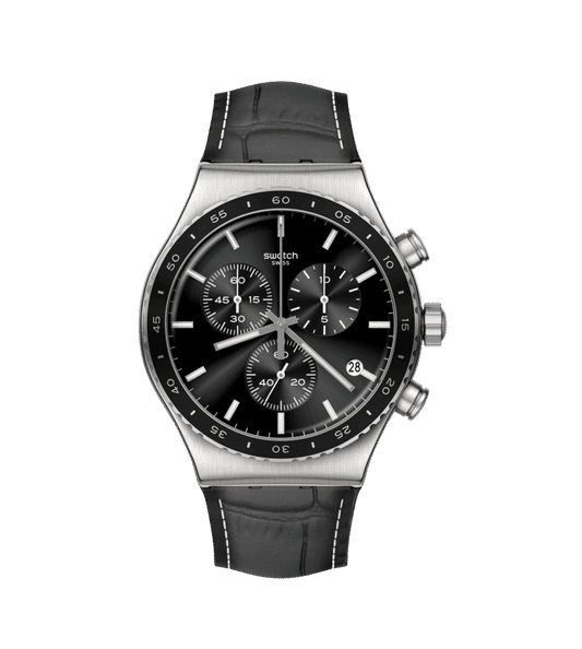 Swatch Irony Chrono New YVS495 Herren Armbanduhr Schwarz • Chronograph • Alligator-Lederarmband