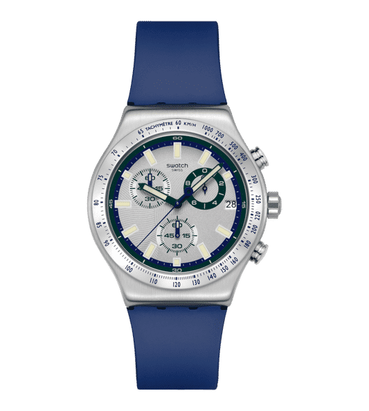 Swatch Irony Chrono New YVS539 Herren Armbanduhr Silber • Tachymeter-Lünette • Leuchtzeiger