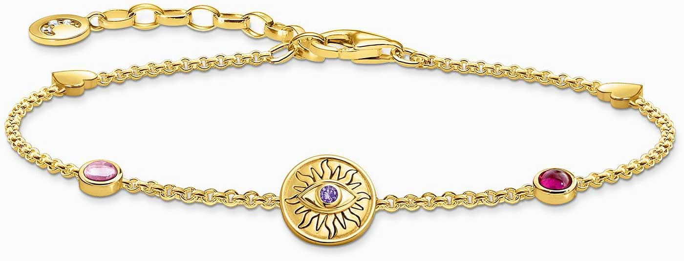Pulsera con eslabones dorados, colgante redondo con motivo azul y piedras rosas