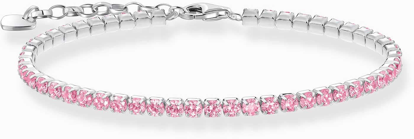 Pulsera de tenis plateada con circonitas rosas en cadena fina