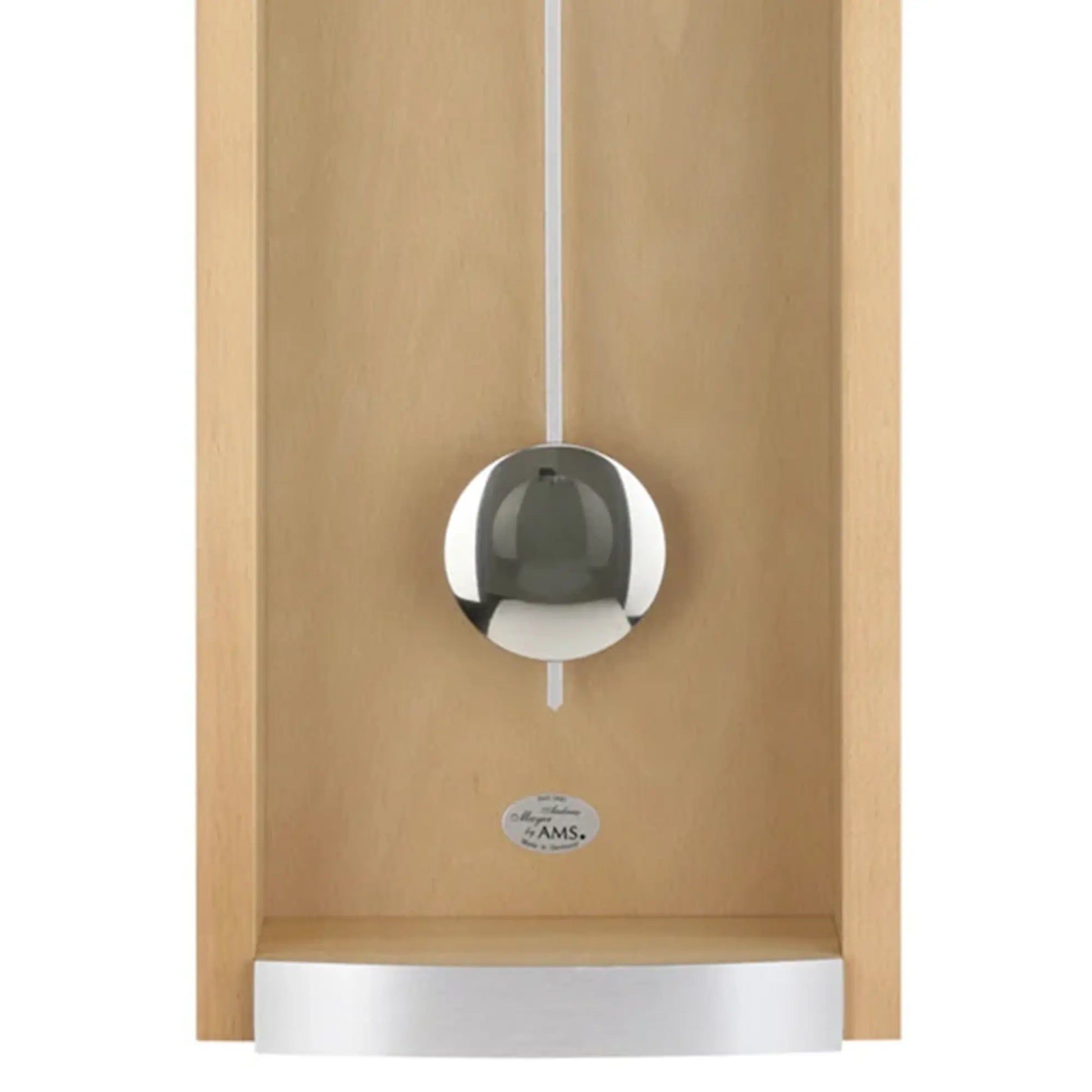 Wanduhr mit Holzgehäuse und rundem Aluminium-Element, Pendelwerk sichtbar