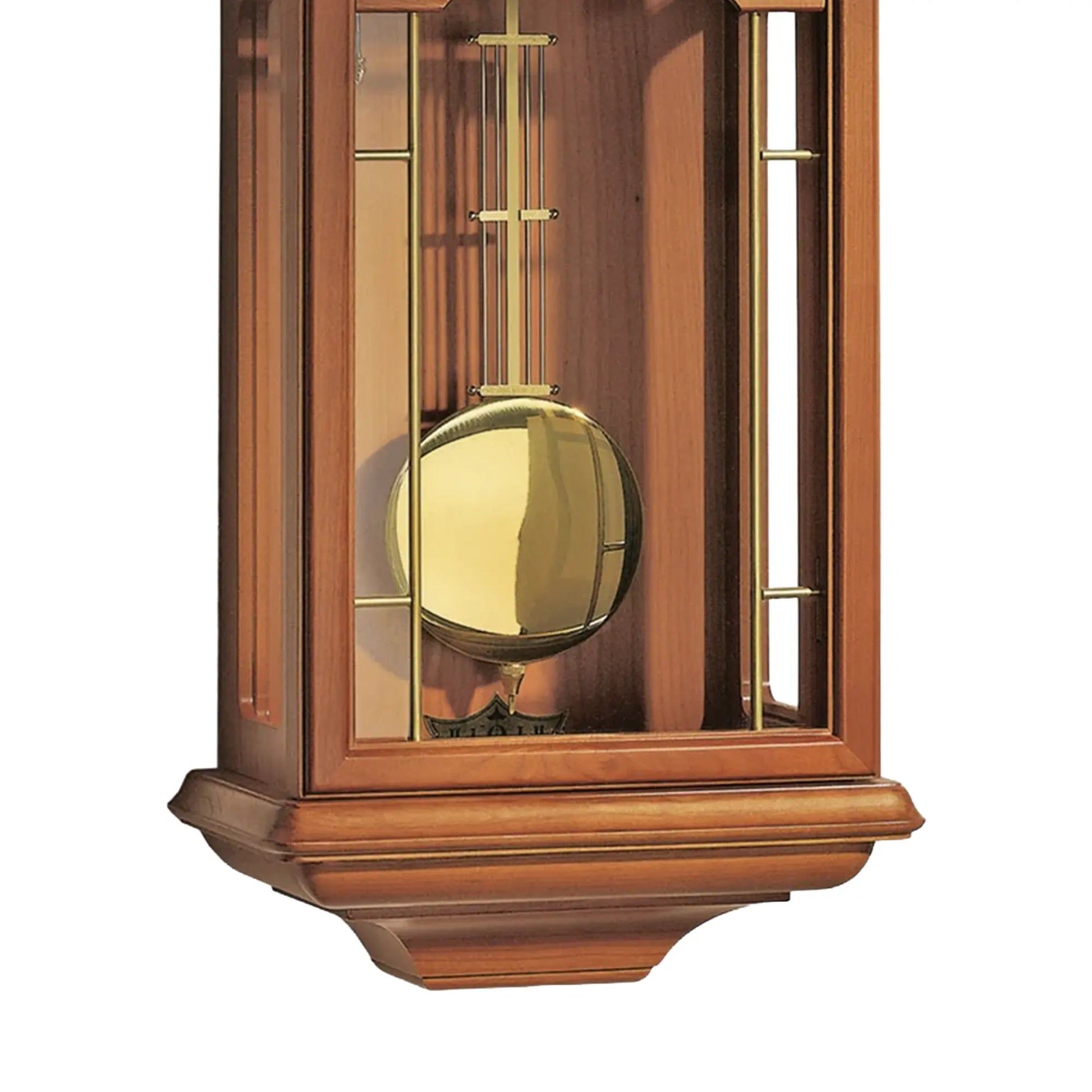 Wanduhr mit Holzrahmen und goldenem Pendelgewicht hinter Glas, Frontansicht