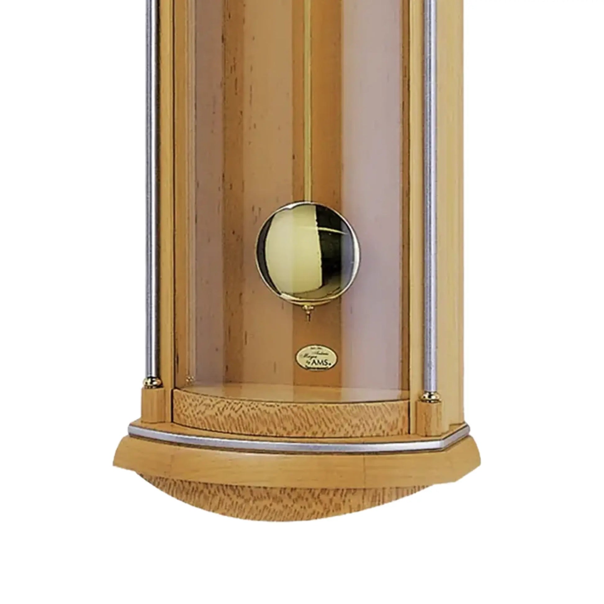 Holz-Wanduhr mit Glaseinsatz und Pendel, goldene Frontscheibe