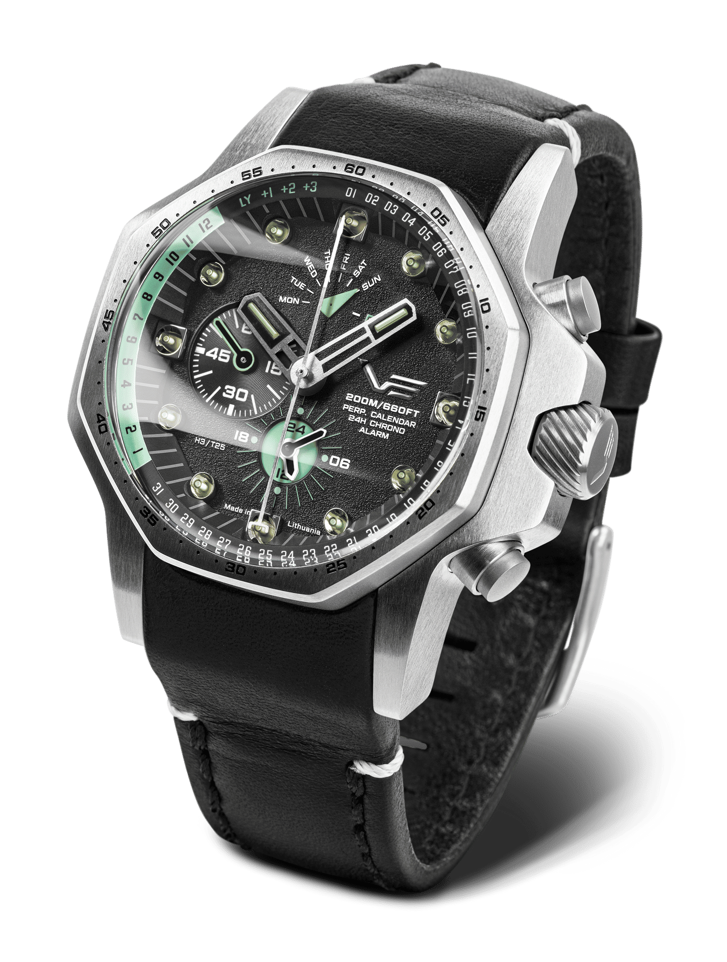 Vostok Europe herrklocka: svart läderarmband, silverfärgat boett, svart urtavla