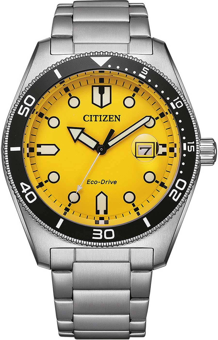 "Reloj Citizen Solar de cuarzo con esfera amarilla y correa de metal"