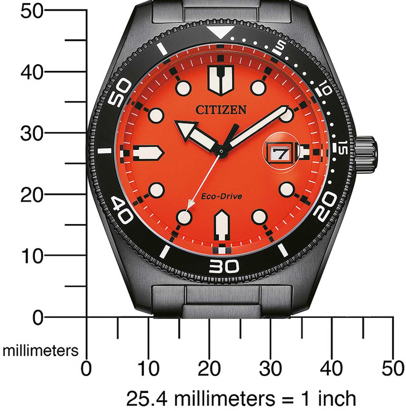 Reloj solar de cuarzo con esfera naranja, manecillas negras y bisel negro