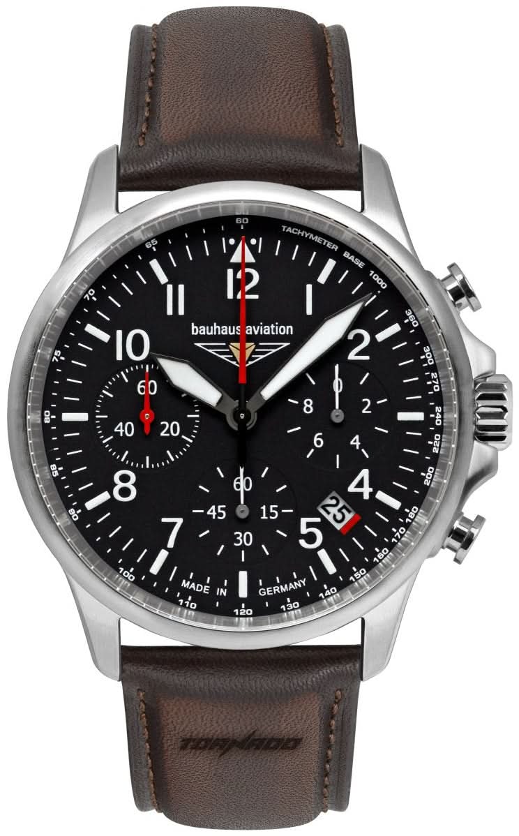 Reloj de hombre con correa de cuero marrón y esfera negra, caja plateada