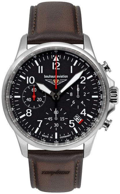 Reloj de hombre con correa de cuero marrón y esfera negra, caja plateada