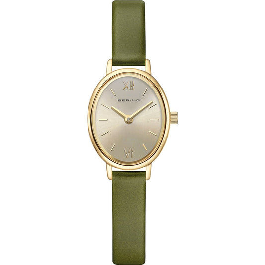 Bering Damenarmbanduhr mit grünem Lederarmband, goldfarbener Gehäuse und beigem Zifferblatt