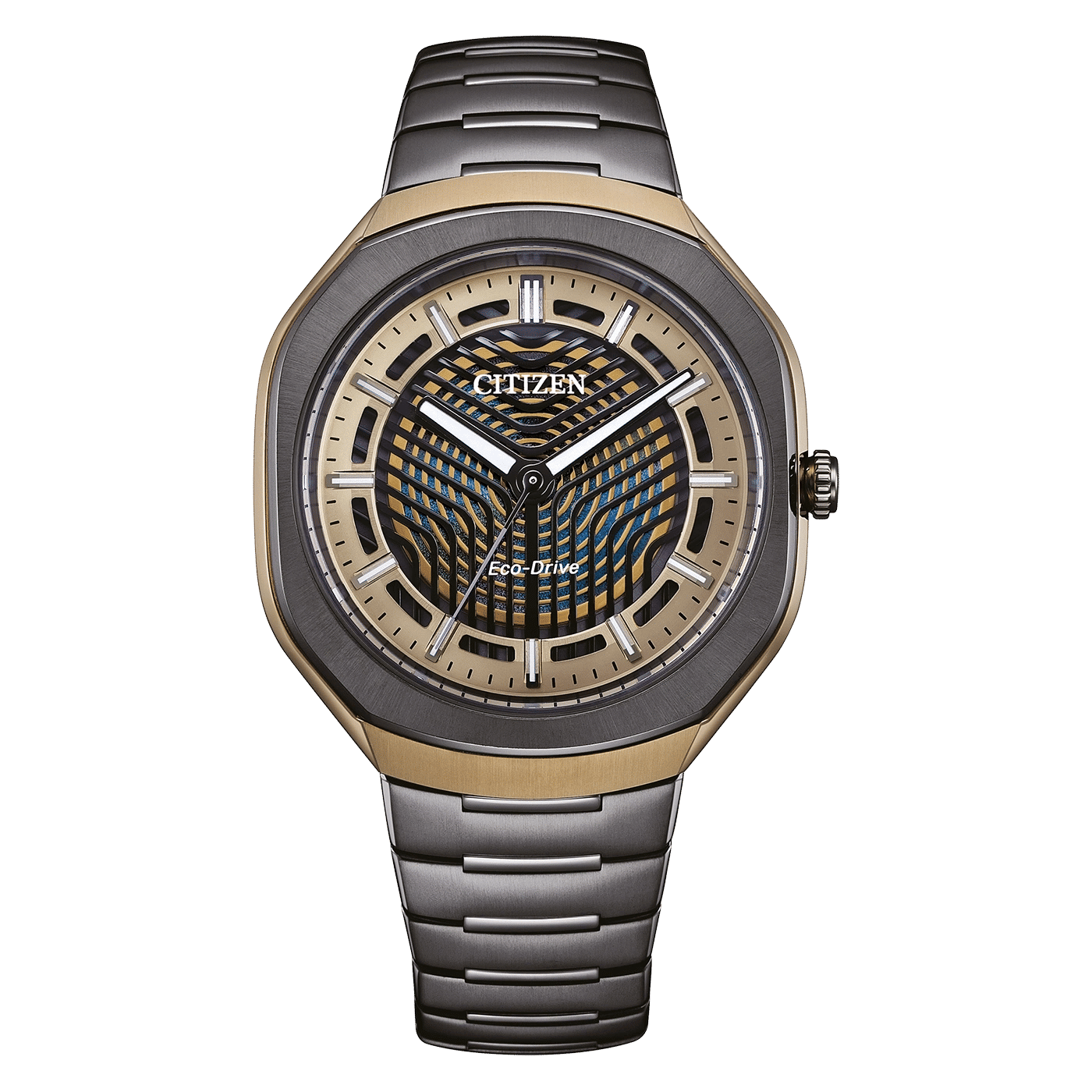 Herren-Armbanduhr mit schwarzem Armband, beigem Zifferblatt und goldfarbener Lünette