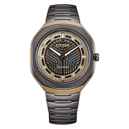 Herren-Armbanduhr mit schwarzem Armband, beigem Zifferblatt und goldfarbener Lünette