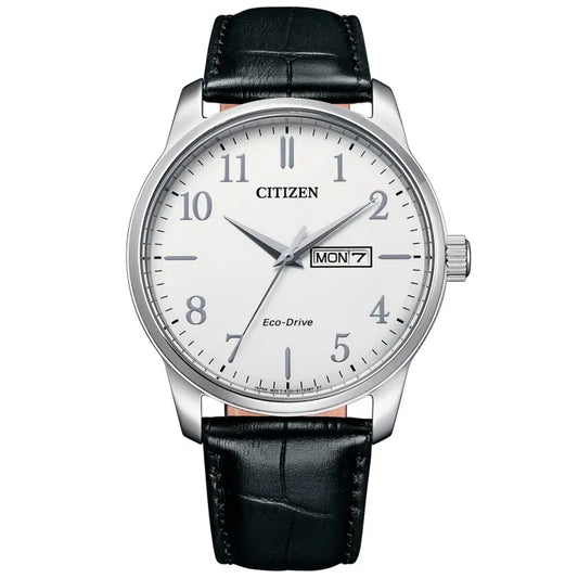 Herrenarmbanduhr Citizen: silbernes Gehäuse, weißes Zifferblatt, schwarzes Lederband, Datum