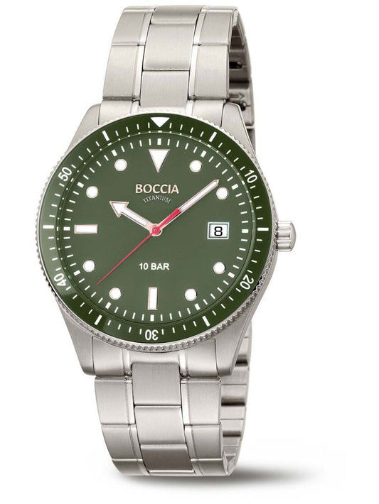 Boccia Titanium Herrenarmbanduhr mit grünem Zifferblatt, Taucher-Lünette und Titanband