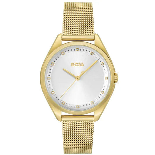 BOSS Damenuhr mit goldfarbenem Milanaise-Armband und Zirkonia-Zifferblatt