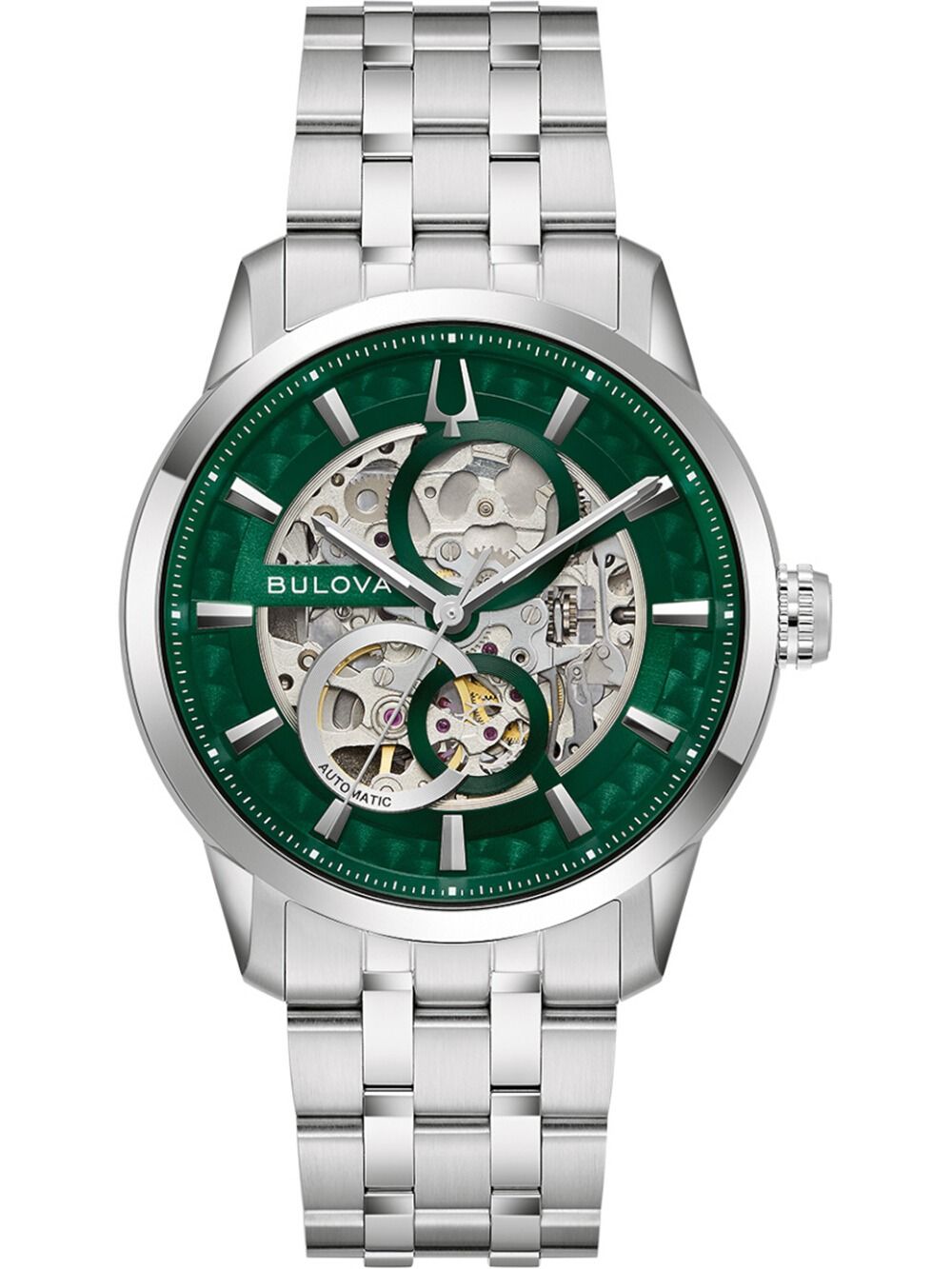 Zegarek męski Bulova z zieloną tarczą i mechanizmem typu skeleton, bransoleta ze stali szlachetnej