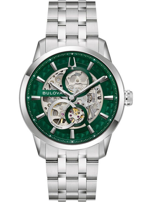 Bulova Herrenarmbanduhr mit grünem Zifferblatt und Skelettwerk, Edelstahlarmband
