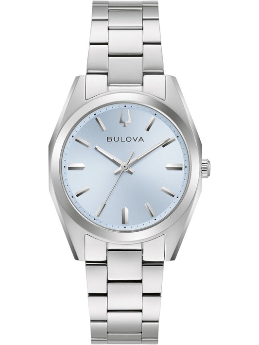 Bulova Damenarmbanduhr mit hellblauem Zifferblatt und Edelstahlarmband, Saphirglas