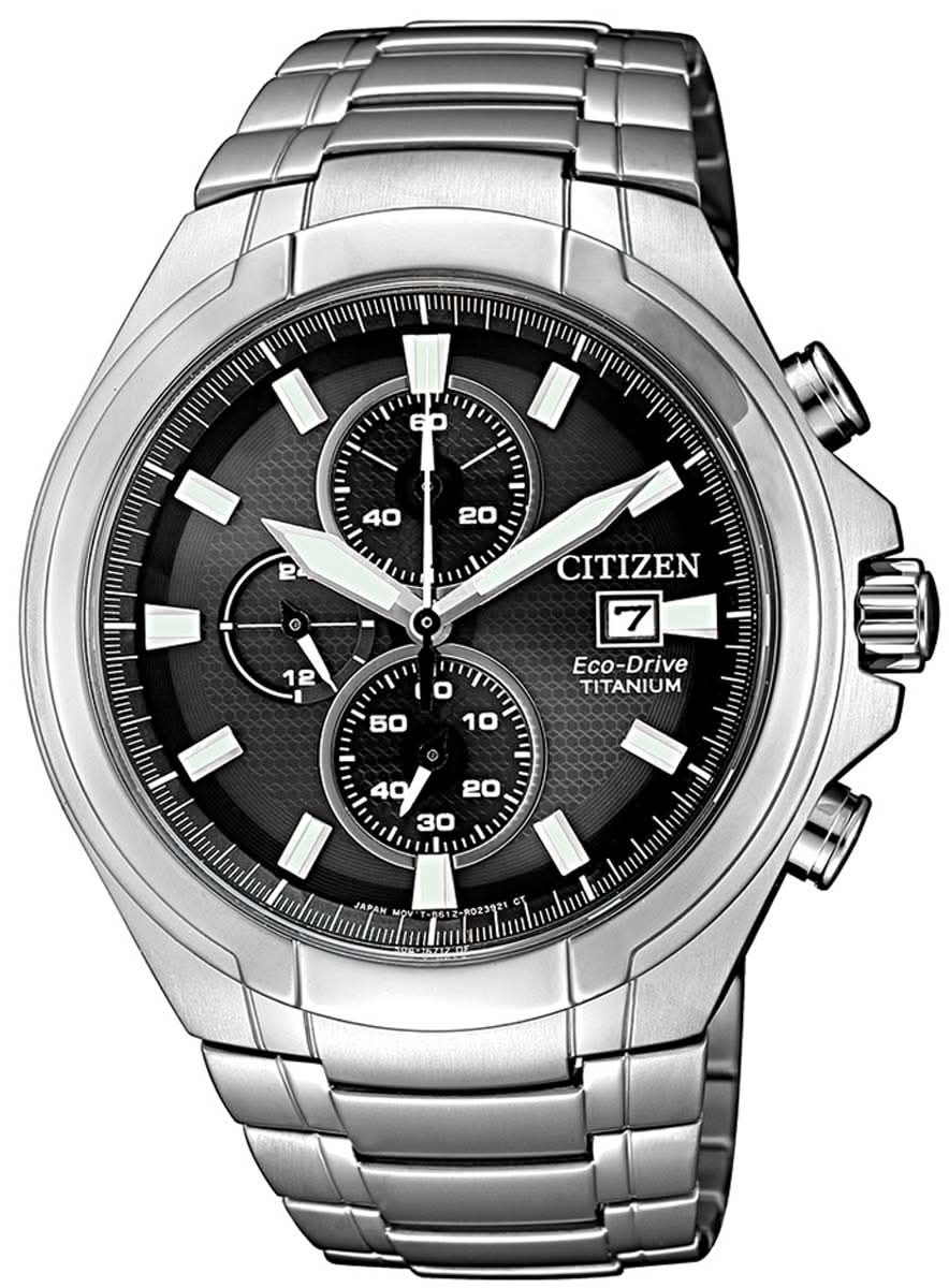 Reloj Citizen para hombre con correa de acero inoxidable, esfera negra y aspecto de cronógrafo