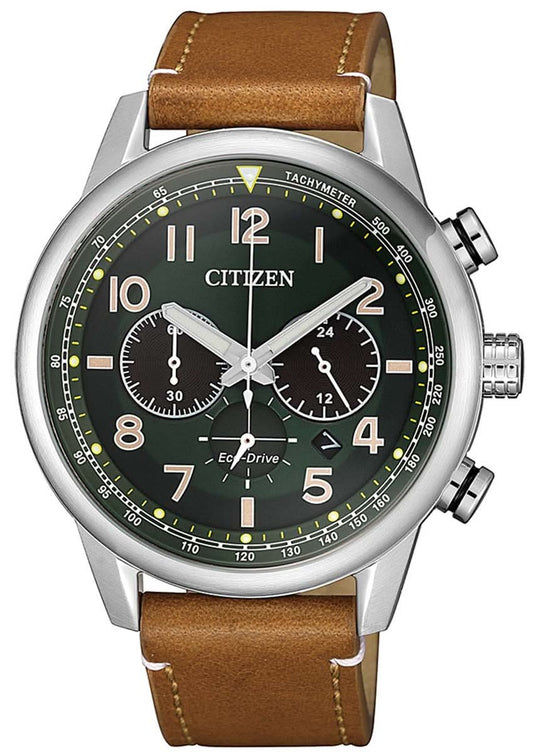 Reloj Citizen Chronograph con correa de cuero marrón, esfera negra, función de cronómetro