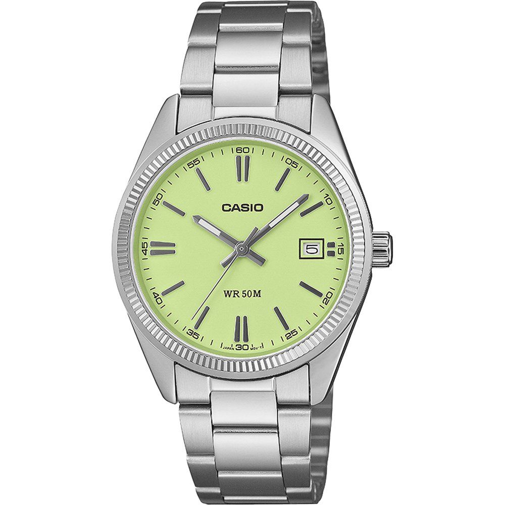 Casio Armbanduhr: grünes Zifferblatt, Stahlband, WR 50 m