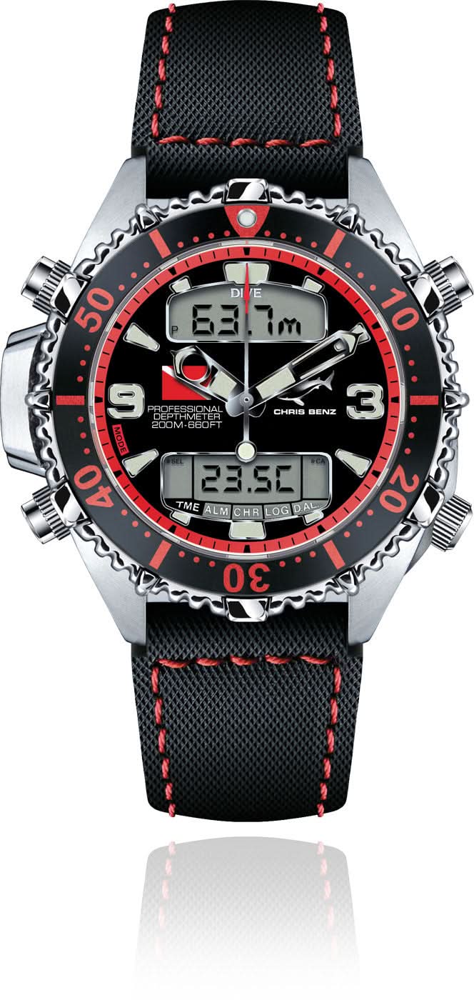 Reloj para hombre con correa textil negra, bisel rojo y pantalla digital