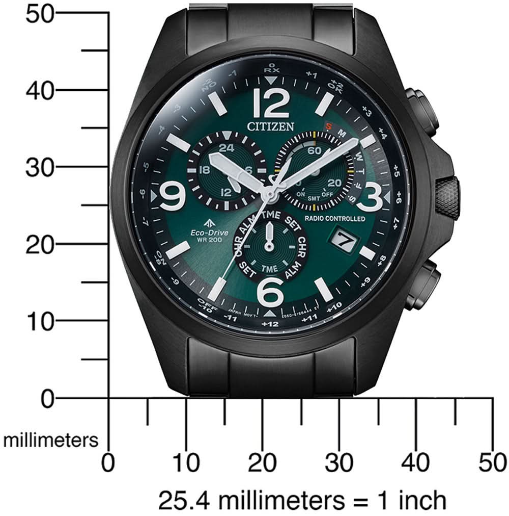 Vista frontal de reloj para hombre con indicación de tamaño en milímetros
